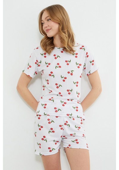 Fullamoda Kiraz Desenli Bisiklet Yaka Şortlu Pijama Takımı Kırmızı