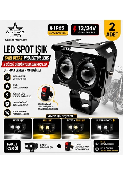 Astra Led Dikdörtgen Baykuş Led Off Road Lamba Motosiklet Uyumlu Sarı Beyaz Projektör Lens Spot Işık