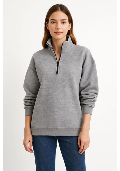 Kadın 3 İplik Pamuklu Dık Yaka Yarım Fermuarlı Sweatshirt - Gri