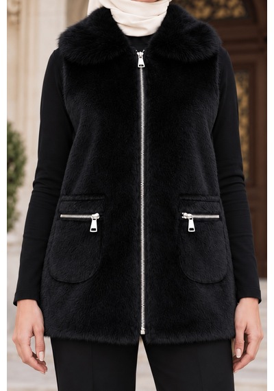 Sevitli Angora Cepli Yelek-siyah-6015