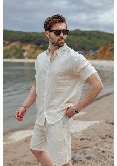 Madmext Ekru Keten Görünümlü Relax Fit Erkek Gömlek Şort Takım E7364