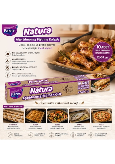 Parex 613296 Natura Hazır Kesilmiş Pişirme Kağıdı 42x37 Cm - 10 Adet- 24'li Paket Diğer