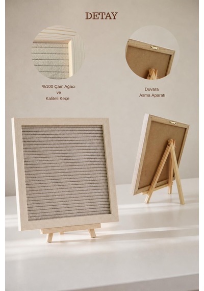Woodart Premium Letter Board Seti, Şampanya Krem Keçe Yüzeyli Doğal Çam Ahşap Yazı Panosu Şövale Standlı Dekoratif Set