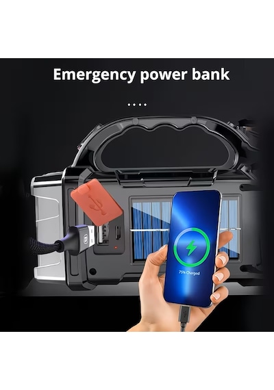 Yüksek Kalite Full Fonksiyonlu El Feneri Şarjlı Solor Usb Çıkışlı Beyaz Led Işıklı Abber Led Işıklı Siyah