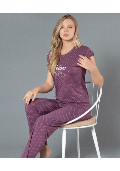 Kısa Kol Yazlık Pijama Takımı Puan Desenli Viskon Alperi 780-47 Mor