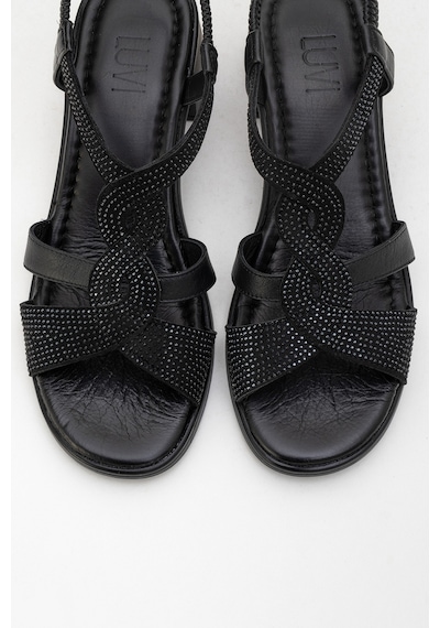 Luvishoes Luvi Shoes Dolen Siyah Taşlı Hakiki Deri Kadın Kalın Topuklu Sandalet Siyah