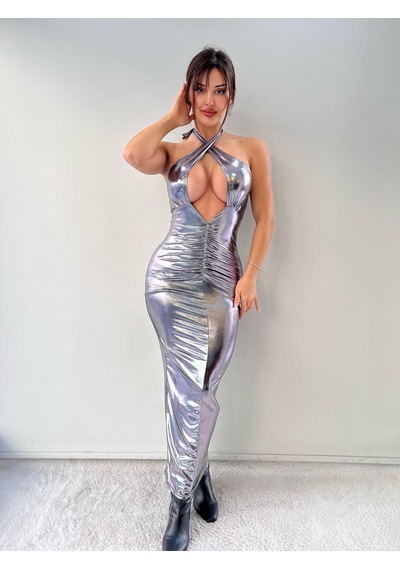Pink Life Koyu Gri Lame Kumaş Göğüs Dekolteli Boyundan Bağlamalı Maxi Elbise Koyu Gri