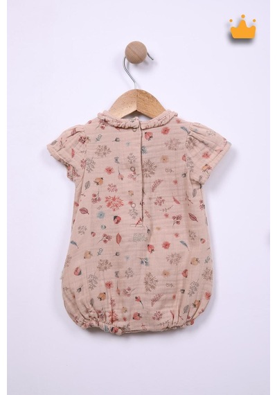 Babyhola Kız Bebek Kısa Müslin Tulum  Pamuk Çiçek Baskılı 12049 Bej