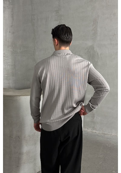 Erkek Polo Yaka Fitilli Oversize Triko Kazak Gri