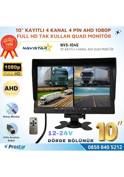 Kayıtlı 10 İnç 4 Kanal Full Hd Tak Kullan Quad Ahd Analog Uyumlu Araç Monitörü 12-24v