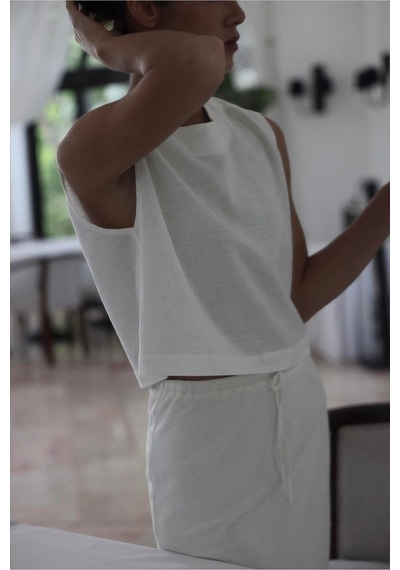 Suud Collection Ekru Lavin Sıfır Kol Keten Bluz Beyaz