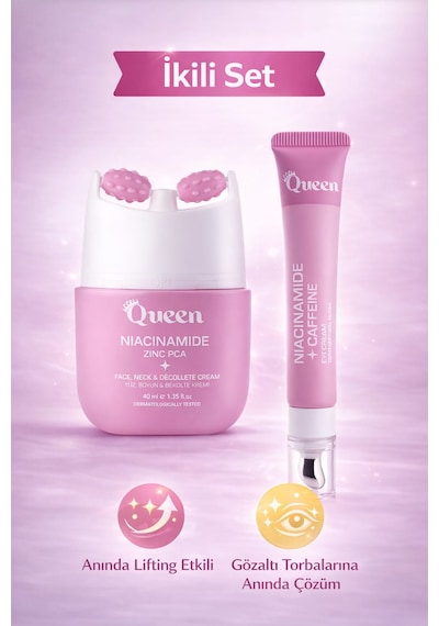 Queen İkili Cilt Bakım Seti Niacinamide Zinc Pca Yüz Kremi + Niacinamide & Caffeine Göz Altı Serumu Masaj Başlıklı, Lifting Etkili