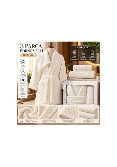 Slc Home 3 Parça Tek Kişilik Bornoz Seti %100 Pamuk Şık Tasarım 1 Bornoz , 1 Baş Havlusu , 1 Boy Havlusu Desenli Beyaz - 939925867 Beyaz Slc Home 3 Parça Tek Kişilik Bornoz Seti %100 Pamuk Şık Tasarım 1 Bornoz , 1 Baş Havlusu , 1 Boy Havlusu Desenli Beyaz - 939925867 Beyaz