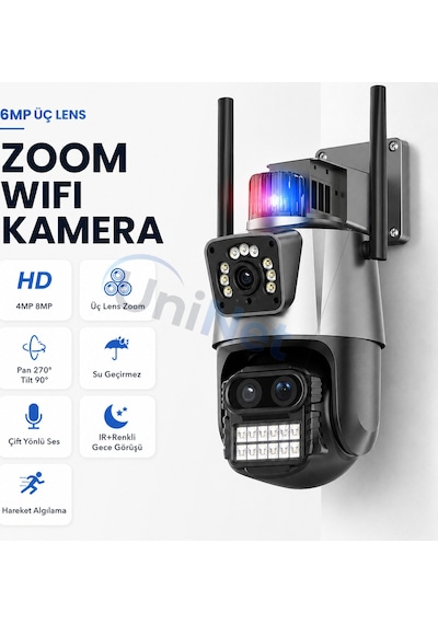 Uninet 6mp Çift Kameralı Wifi Ptz Döner Başlıklı Güvenlik Kamerası Polis Çakarı Ve 40 Metre Gece Görüşü Bulunan Ip Kamera