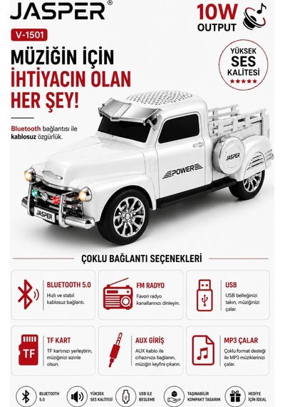 Jasper Jpr-1501 Beyaz 10w Bluetooth Hoparlörlü Retro Kamyon Tasarım Fm Radyo, Usb, Tf Kart, Aux Ve Mp3 Çalar 92679915