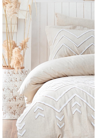 Ecocotton Talya Krem/bej Çift Kişilik %100 Organik Pamuk Keten Panç Nakışlı Nevresim Takımı Krem - Bej