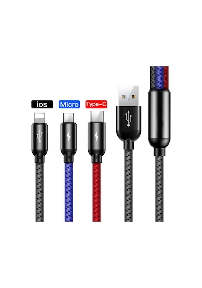 Lightning Iphone Micro Usb Type-c Hızlı Şarj Kablosu Çoklu Örgü Şarz Kablosu Tüm Cep Telefonlara Uyumlu 120cm 3 İn 1 Kablo