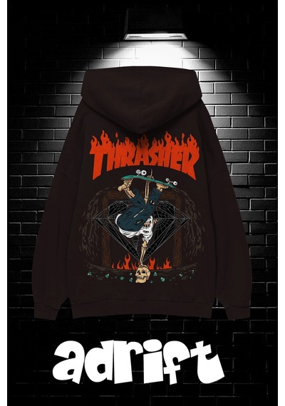 Startmore Unisex Oversize Kapüşonlu Kanguru Cepli Thrasher Baskılı Sweatshirt Hoodie Beyaz Siyah