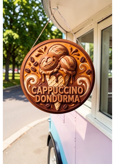 Cappuccino Dondurma Görselli İpli Ahşap Kapı Ve Duvar Süsü, Cafe, Dondurmacı Tabelası Dekoru