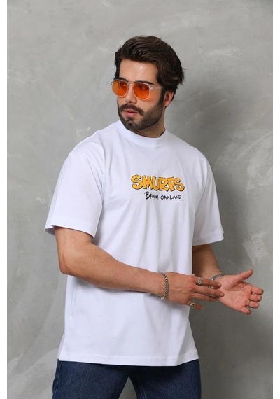 Erkek Kısa Kol Yazlık Tişört Bisiklet Yaka Baskılı Oversize T-shirt - Beyaz Siyah
