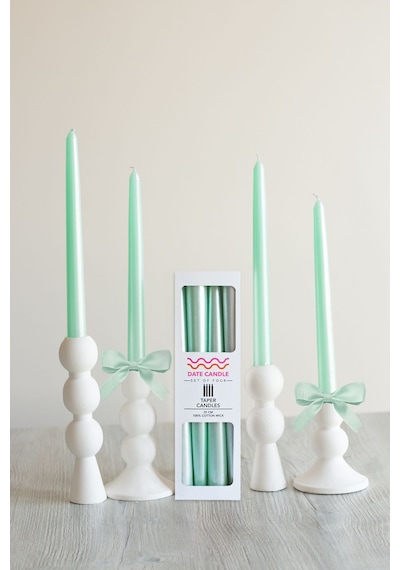 Yeşil Neon Sedefli - Metalik Renk Konik Şamdan Mum - 4'lü Set Yeşil