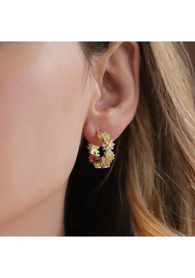Zirkon Taşlı Daire Tffny Modeli Gold Kaplama Gümüş Işıltı Küpe Gümüş