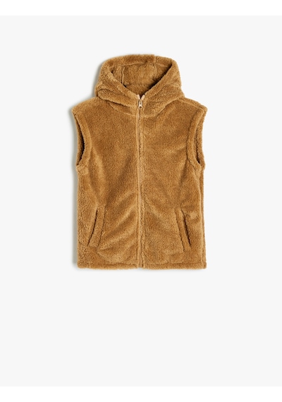 Koton Fermuar Detaylı Kapşonlu Kolsuz Sweatshirt Deve Tüyü 5wkb10609tk Taba