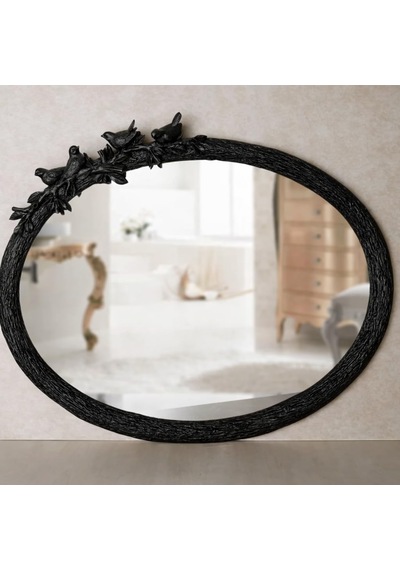 Kuş Figürlü Dekoratif Duvar Aynası Ağaç Dalı Tasarım Oval Ayna, Salon Antre İçin Şık Ayna Siyah Diğer