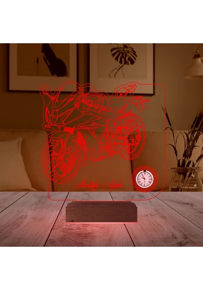 Luvivia Motorsiklet Motorcu Hediye Kişiye Özel Metal Saatli 3d Lamba - Masa Gece Lambası Şeffaf