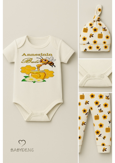 Babyden's 3 Lü Yenidoğan Takım, Annesinin Balı Baskılı Kısa Kol Body Arı Çiçek Desenli Pantolon Bere Ekru
