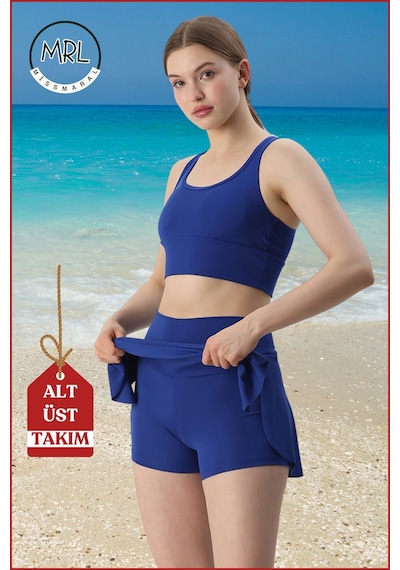 Missmaral Kadın Alt-üst Takım Şort & Sabit Pedli Üst Crop Denizde Havuzda Sporda Swimsuit Mavi Takım3107 Mavi