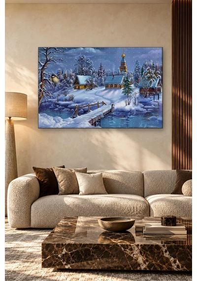 Fida Karlı Köyde Kubbeli Kilise Ve Ahşap Köprü Canvas Tablo Çok Renkli