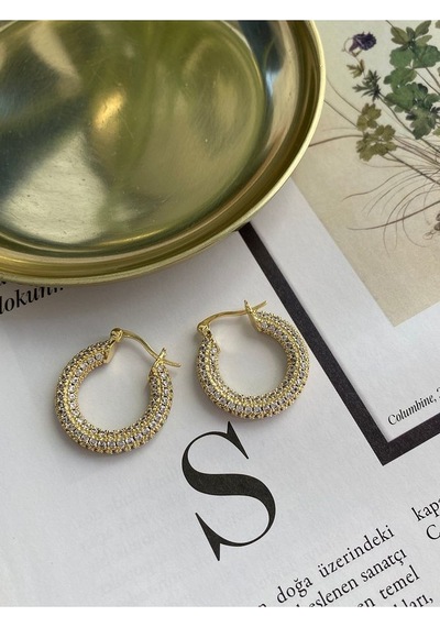 Pinery Jewels Zirkon Taşlı Halka Sallantılı Altın Kaplama Kadın Küpe Çifti Altın