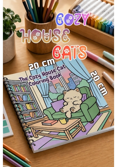 Cozy House Cats Ev Kedileri 20x20 Cm Büyük Boyama Kitabı, Çocuklar Yetişkinler