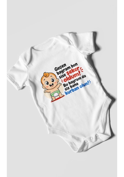 Morivokids Geçen Bayram Ben Yazılı Kısa Kollu Bebek Body %100 Pamuk Beyaz