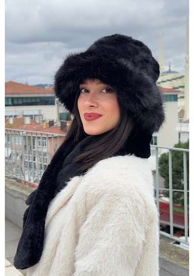 Mollycrush Peluş Rus Tarzı Bucket Kalpak Kadın Şapka Atkı 2'li Set Siyah