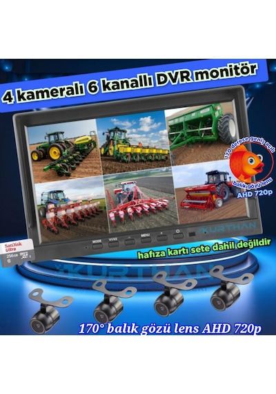 Ledsiz 4 Adet Ahd 720p Balık Gözü Kelebek Kamera 6 Kanallı 10 İnç Qled Ekran 256 Gb 12 Volt