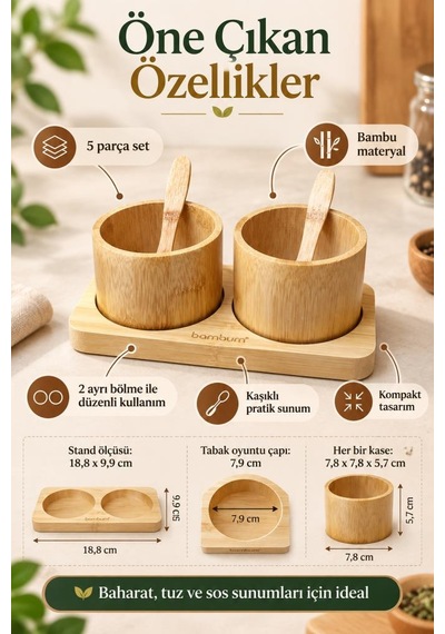 Atbyhome Bambum 5 Parça Bambu 2'li Baharatlık Seti - Kaşıklı Masa Üstü Baharat Kasesi Ve Servis Standı Sunumluk