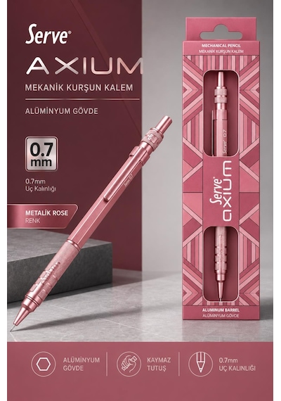 Serve Axium Mekanik Kurşun Kalem 0.7 Mm Alüminyum Gövde - Metalik Rose Çok Renkli