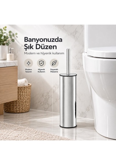 Paslanmaz Çelik Tuvalet Fırçası, Kapaklı Wc Fırçası Seti, Gümüş Renk, Modern Banyo Ve Tuvalet Aksesuarı, Tuvalet Fırçası Beyaz - Çok Renkli
