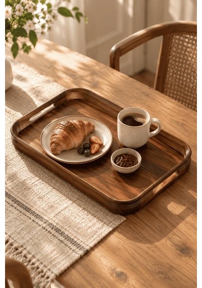 Akasya Kulplu Servis Tepsisi 42x28x4 Cm - Büyük Boy Dikdörtgen Kahvaltı Ve Kahve Sunum Tepsisi