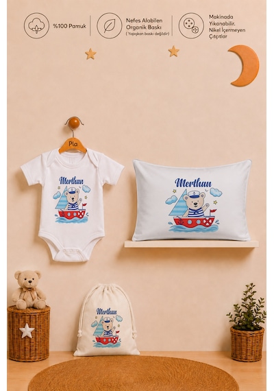 Pia Baby İsimli Erkek Bebek Hediye Seti %100 Pamuk Organik Baskılı Body Yastık Kılıfı Ve Ham Bez Bebek Kıyafet Kesesi 1087byk2x Ekru