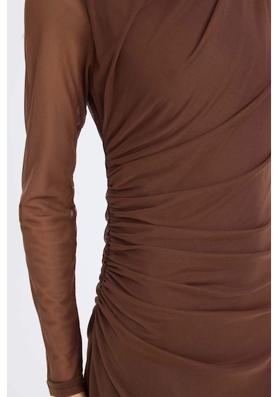 DeFacto Bodycon Vücudu Saran Yarım Balıkçı Yaka Tül Uzun Kollu Maxi Elbise E3548AX24WNBN167 Kahve