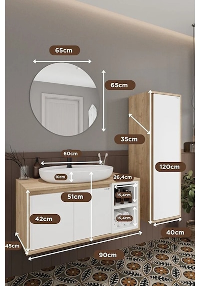 Gül Beyaz 90 Cm Banyo Dolabı Ayna Lavabo Boy Dolabı Beyaz