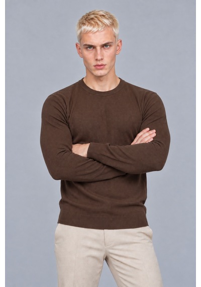 Hk Premium Erkek Fitilli Slim Fit Bisiklet Yaka Triko Kazak Kahverengi