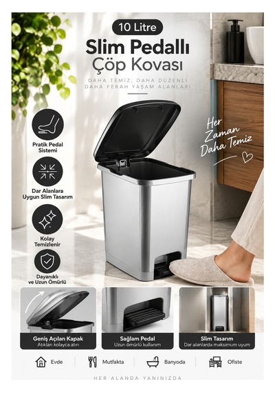 Slim Pedallı Banyo Mutfak Çöp Kovası 10 Litre Ergonomik Tasarım Plastik Malzeme İle Kullanışlı Gri