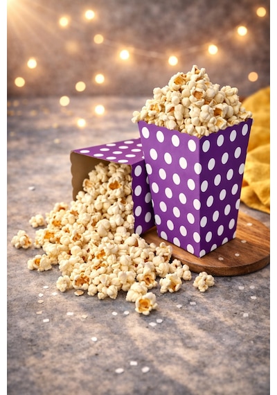 Mor Puantiyeli Patlamış Mısır Kutusu 8x11,5 Cm 8 Adet Popcorn Box Parti Süsleme