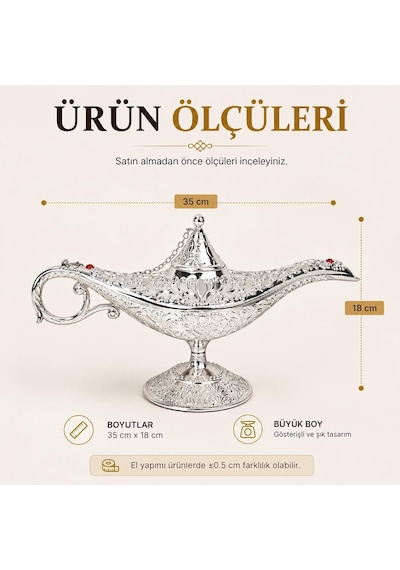 Lüks Alaaddin Sihirli Lamba 35 Cm Tütsülük Buhurdanlık Zamak İşlemeli Dekoratif Biblo Obje 01526515