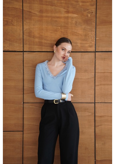 Verymoda Yakası Dantel Detaylı Bluz F2088 Mavi