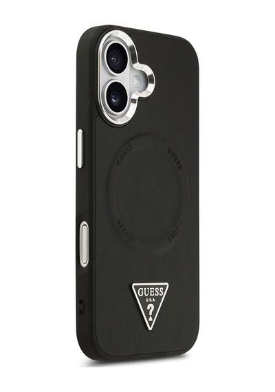 Apple Uyumlu iPhone 17 Kılıf Guess Lisanslı M-safeli Pu Deri Metal Kamera Çerçeveli Üçgen Logolu Siyah Siyah